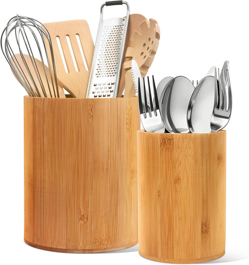 SLNIHAMS Bamboo Utensil Holder, 7.3"+5.4" Set of 2 Utensil Holders for Kitchen Counter, Bamboo Spoon and Chopstick Organizer, Flatware, Spatula & Silverware Storage Containers, for Countertop & Pantry - Image 1